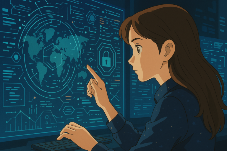 An animated young woman in a dark shirt interacts with a large, glowing digital interface displaying a world map, cybersecurity icons, and data charts, evoking a futuristic and focused atmosphere in a Studio Ghibli-inspired art style.